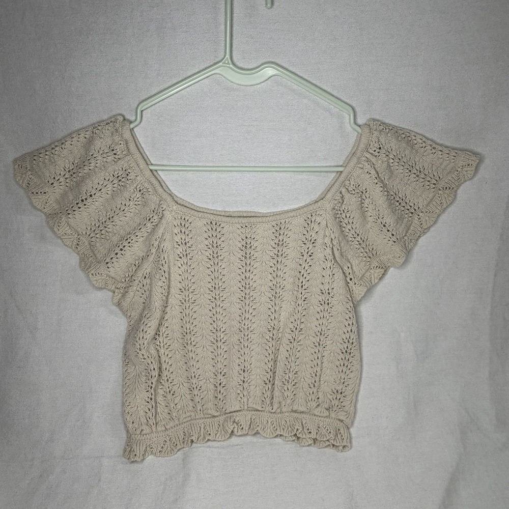 Crochet Knit Cropped Top Scoop Neckline Short Flutter Sleeves Boho Romantic XL